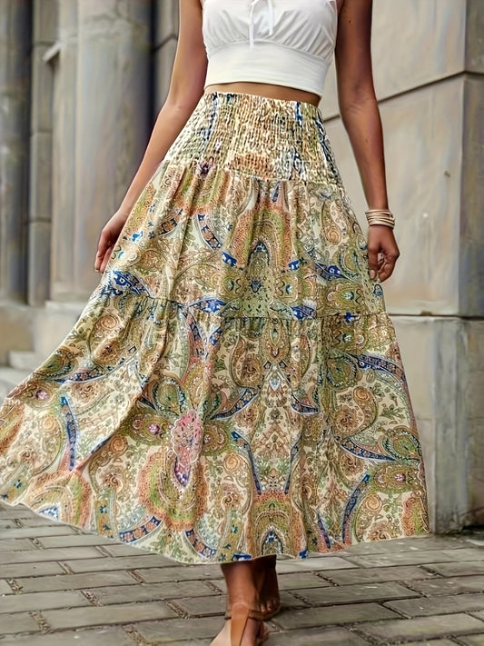 Full Size Tiered Smocked Printed High Waist Skirt