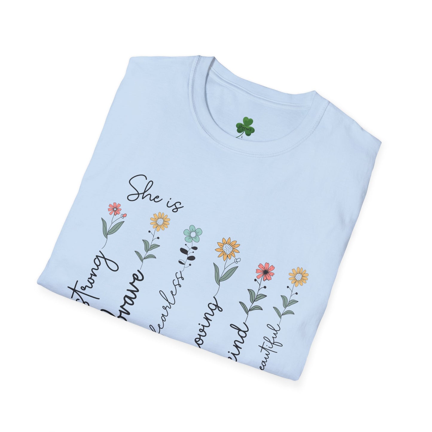 She is funny brave caring beautiful kind loving mom T-Shirt — Floral Mother’s Day Tee