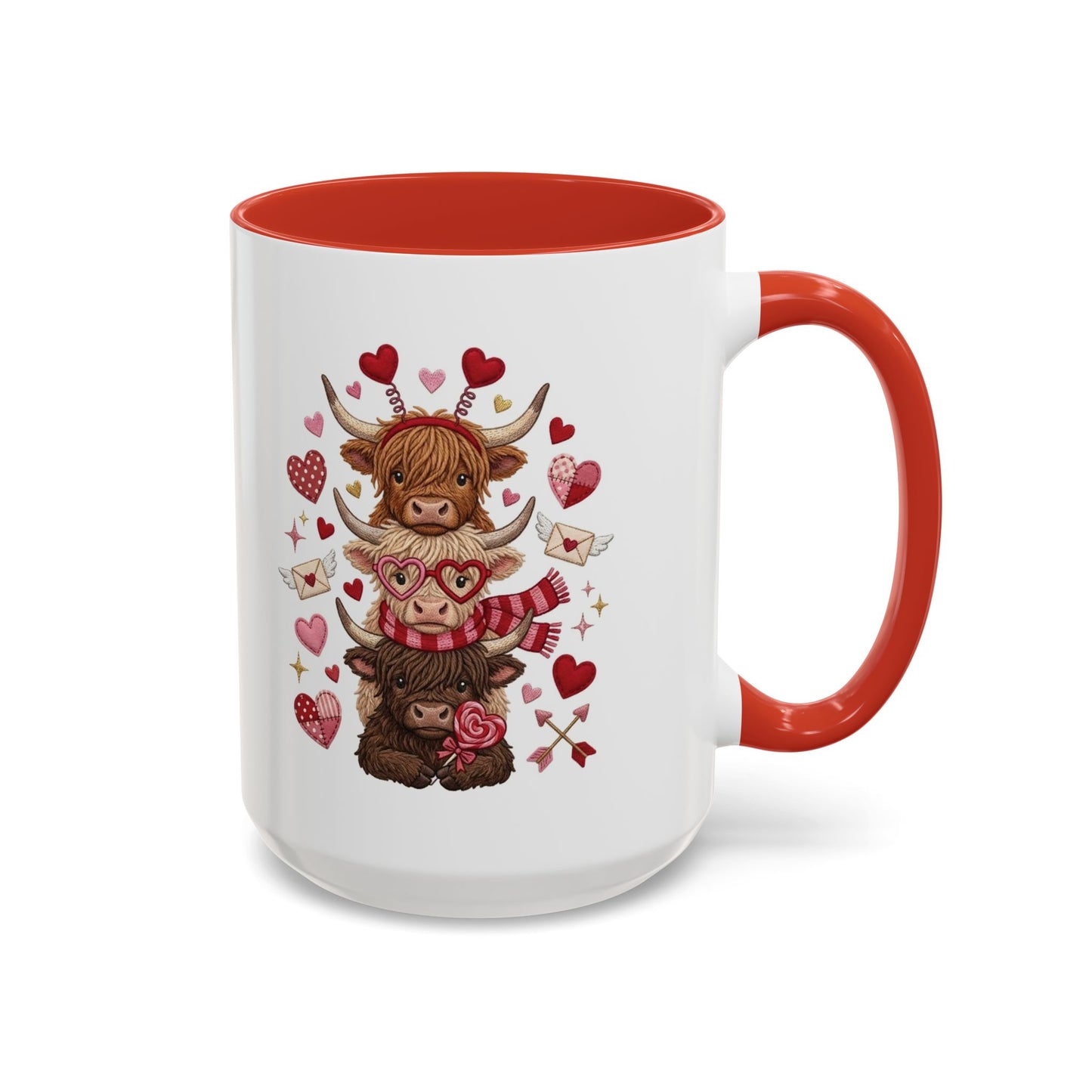 Valentine Highland Cow Stack Accent Mug – Cute Hearts & Love Letters (11/15oz)