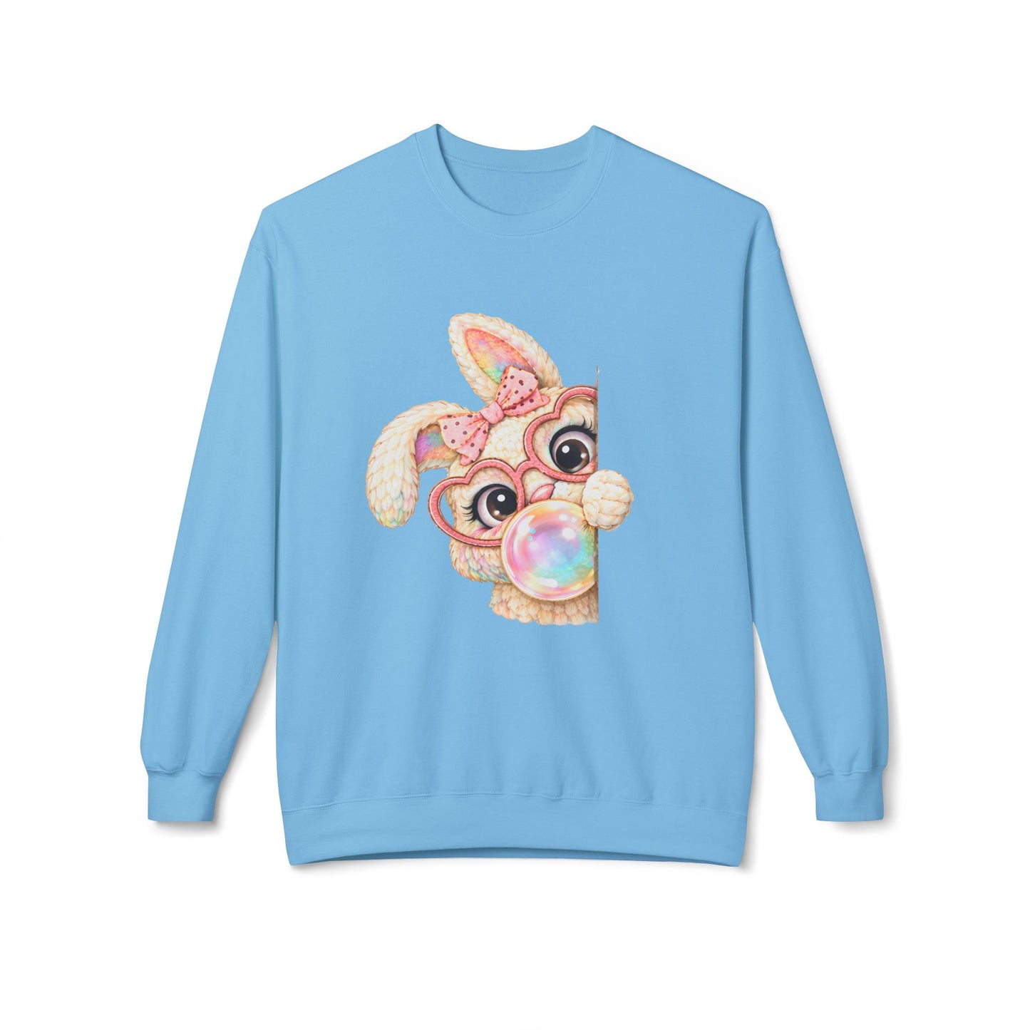 Cute Bunny Peeking Crewneck Sweatshirt – Bubblegum Blowing Cartoon Rabbit