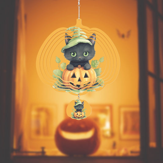 Black Cat With Pumpkin on Pumpkin Shaped Wind Spinner