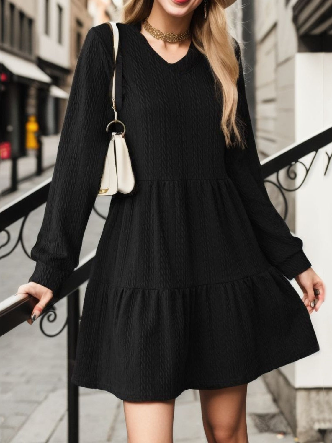 V-Neck Long Sleeve Mini Dress