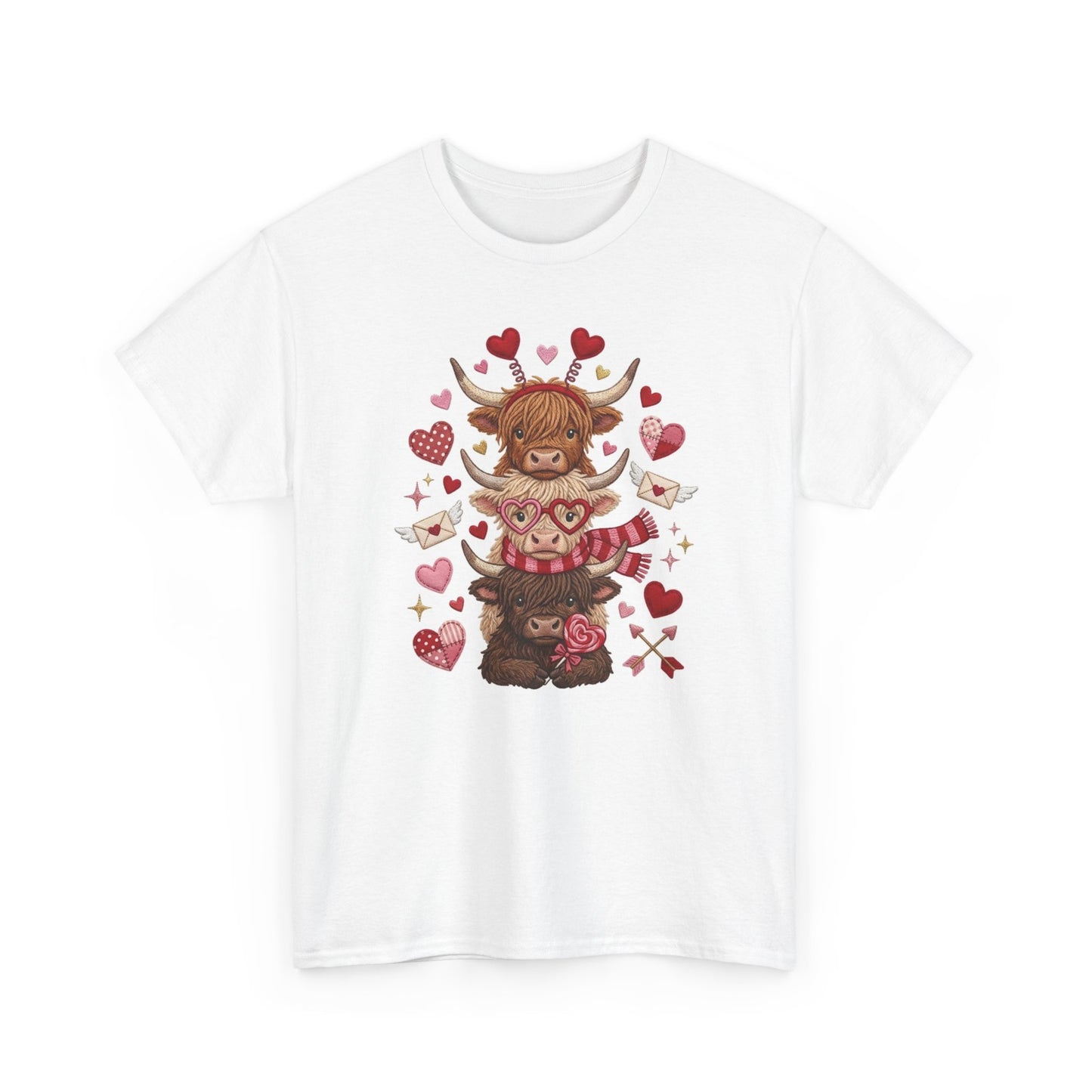 Valentine Highland Cow T-Shirt — Cute Hearts Scottish Cow Valentine Tee