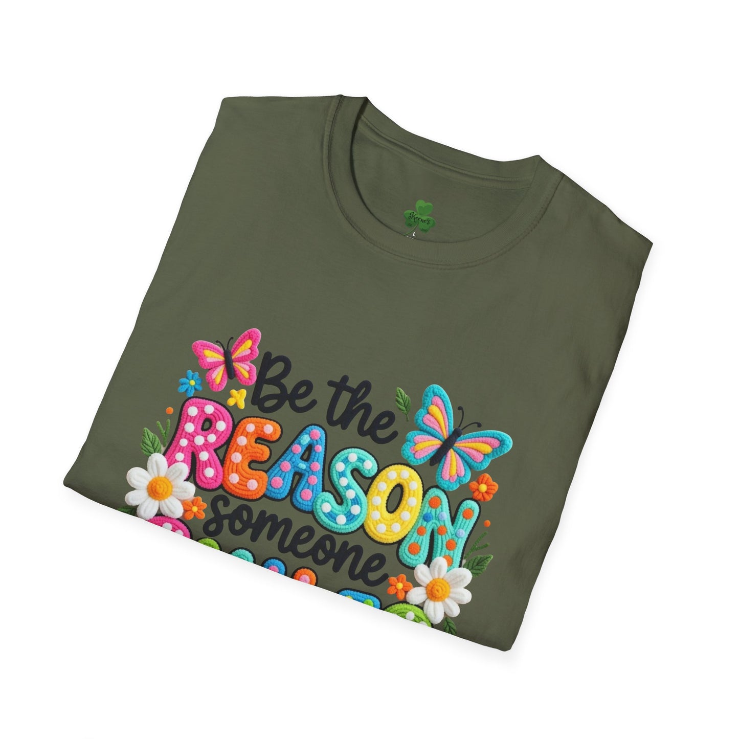 Be the Reason Someone Smiles Today T-Shirt — Colorful Butterfly & Floral Positive Quote Tee