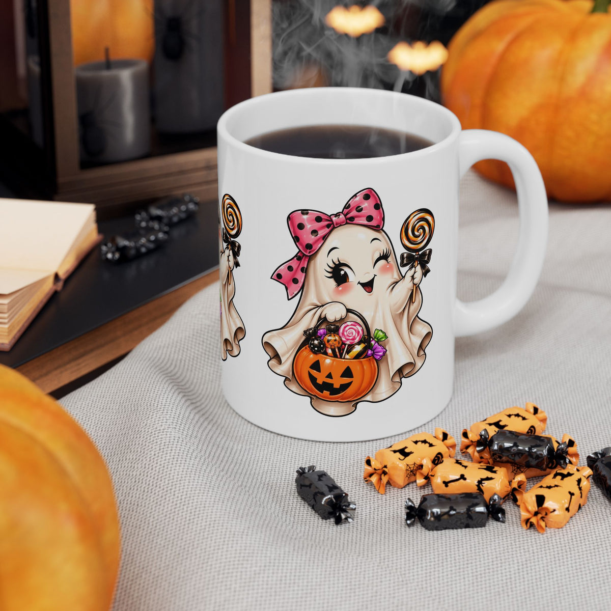 Cute Halloween Ghost Ceramic Mug with Candy Pumpkin