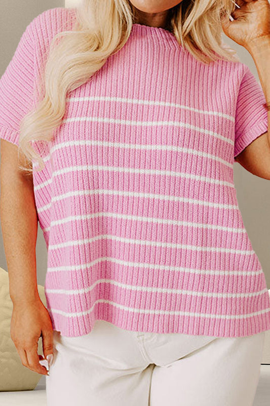 Plus Size Striped Round Neck Cap Sleeve Knit Top
