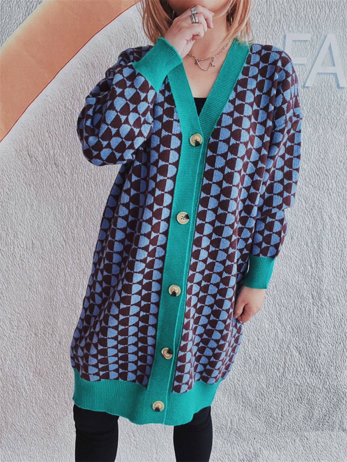 Contrast Trim Geometric Button Down Cardigan