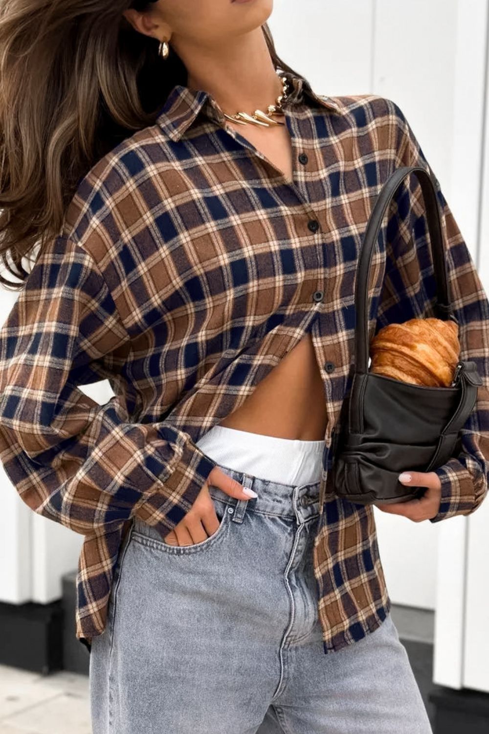 Plaid Button Up Drop Shoulder Shacket