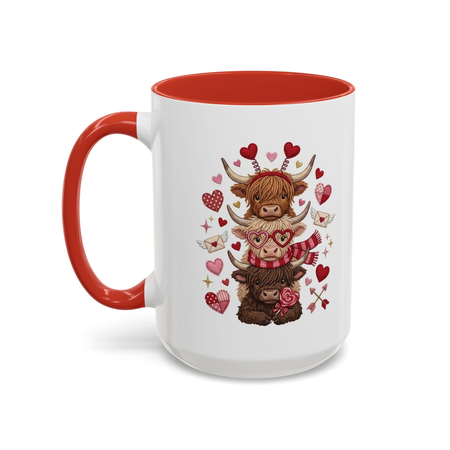 Valentine Highland Cow Stack Accent Mug – Cute Hearts & Love Letters (11/15oz)