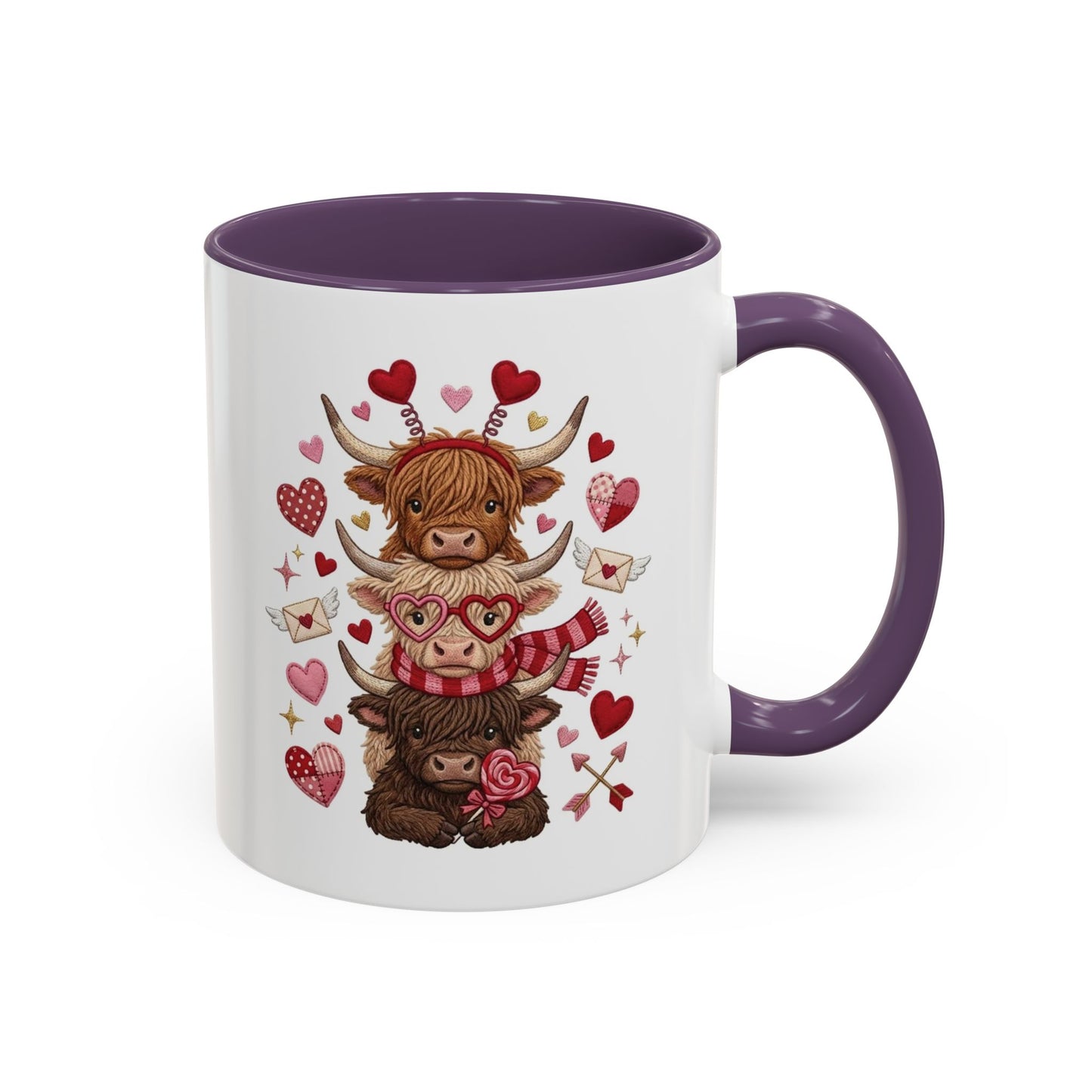 Valentine Highland Cow Stack Accent Mug – Cute Hearts & Love Letters (11/15oz)