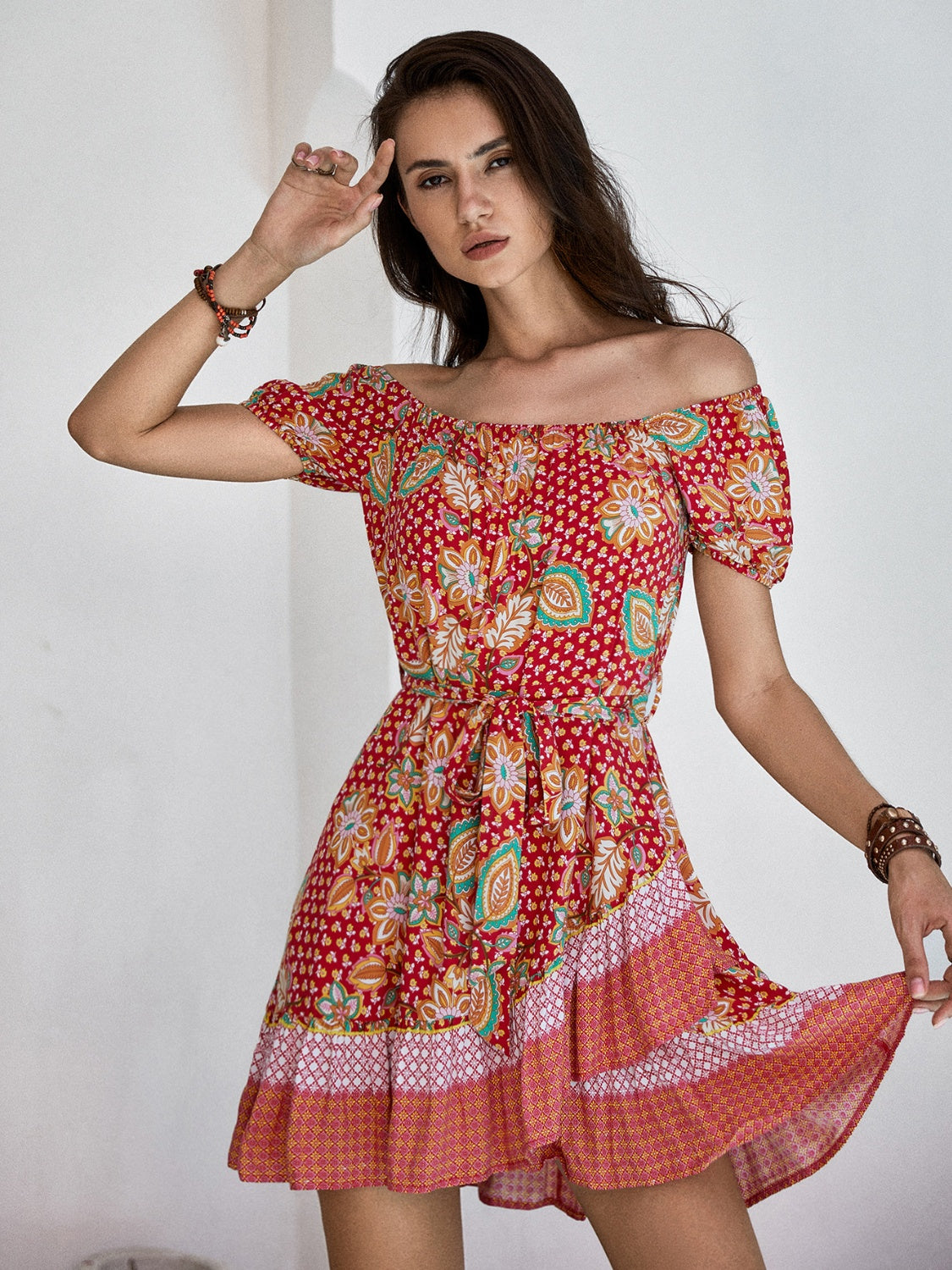 Printed Short Sleeve Tie Waist Mini Dress