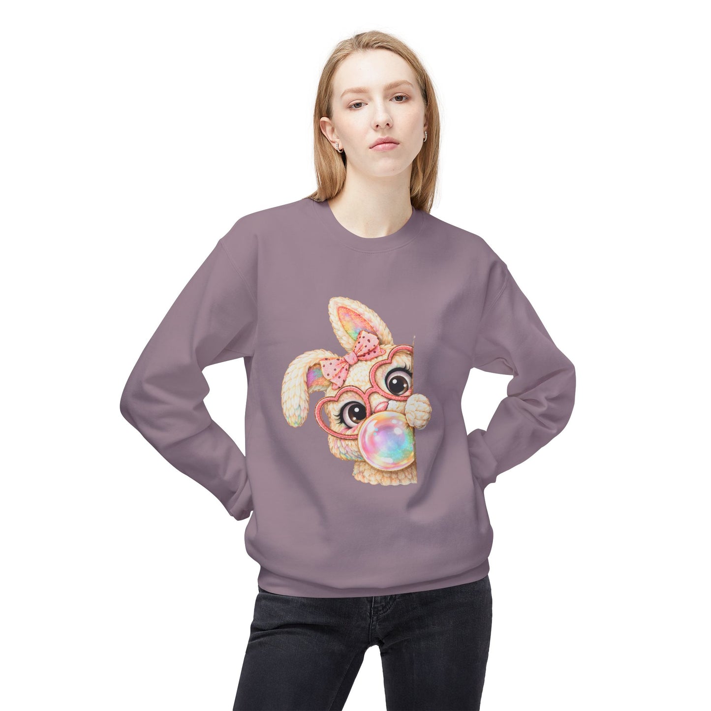 Cute Bunny Peeking Crewneck Sweatshirt – Bubblegum Blowing Cartoon Rabbit