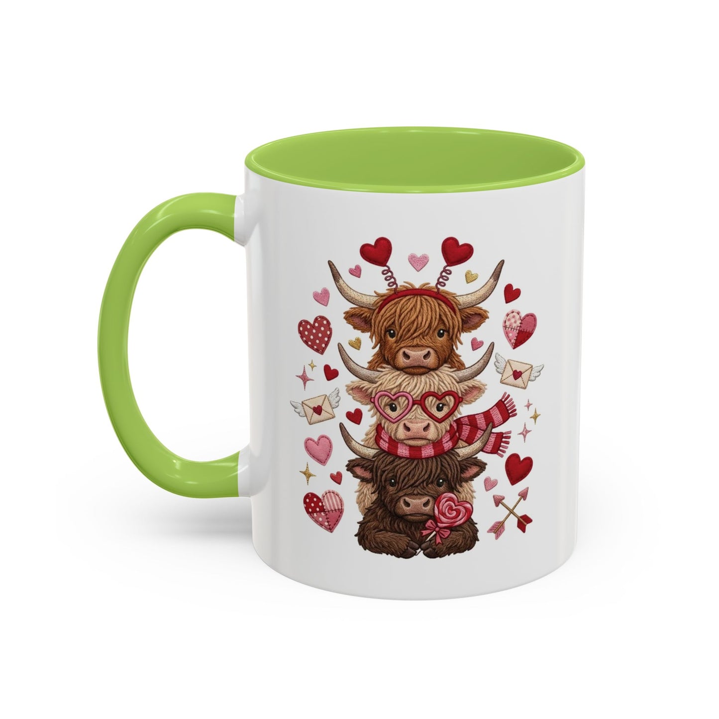 Valentine Highland Cow Stack Accent Mug – Cute Hearts & Love Letters (11/15oz)