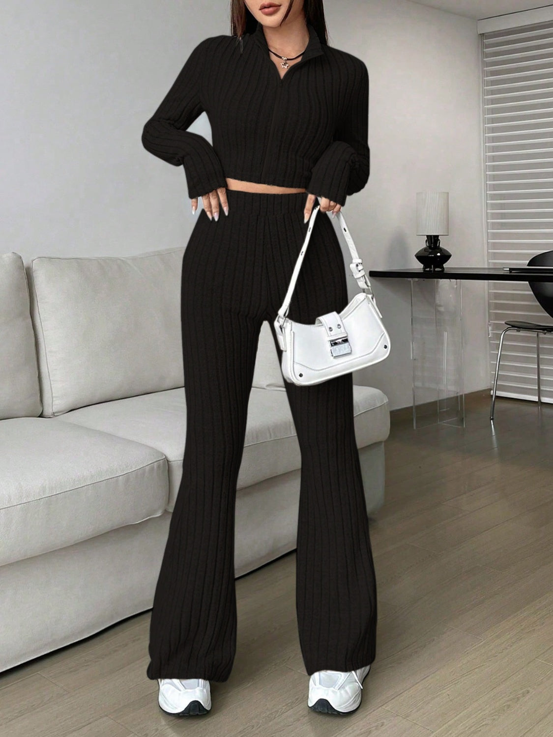 Zip Up Long Sleeve Top and Pants Set