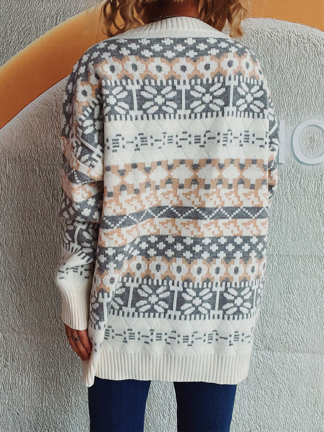 Geometric Round Neck Dropped Shoulder Sweater