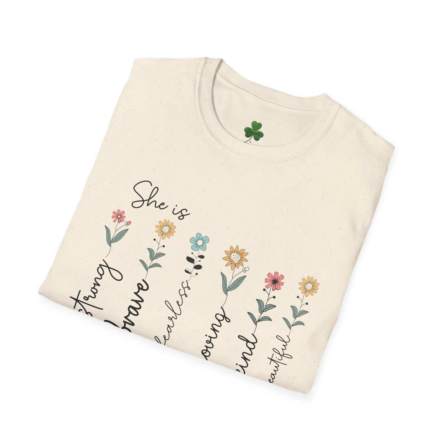 She is funny brave caring beautiful kind loving mom T-Shirt — Floral Mother’s Day Tee