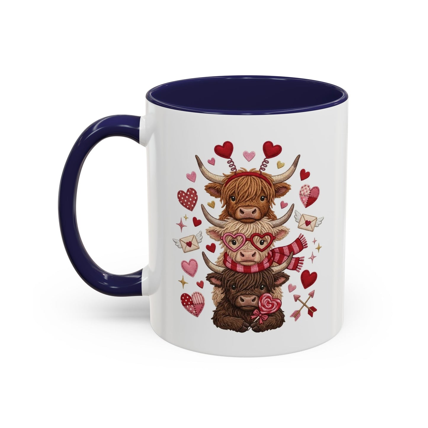Valentine Highland Cow Stack Accent Mug – Cute Hearts & Love Letters (11/15oz)