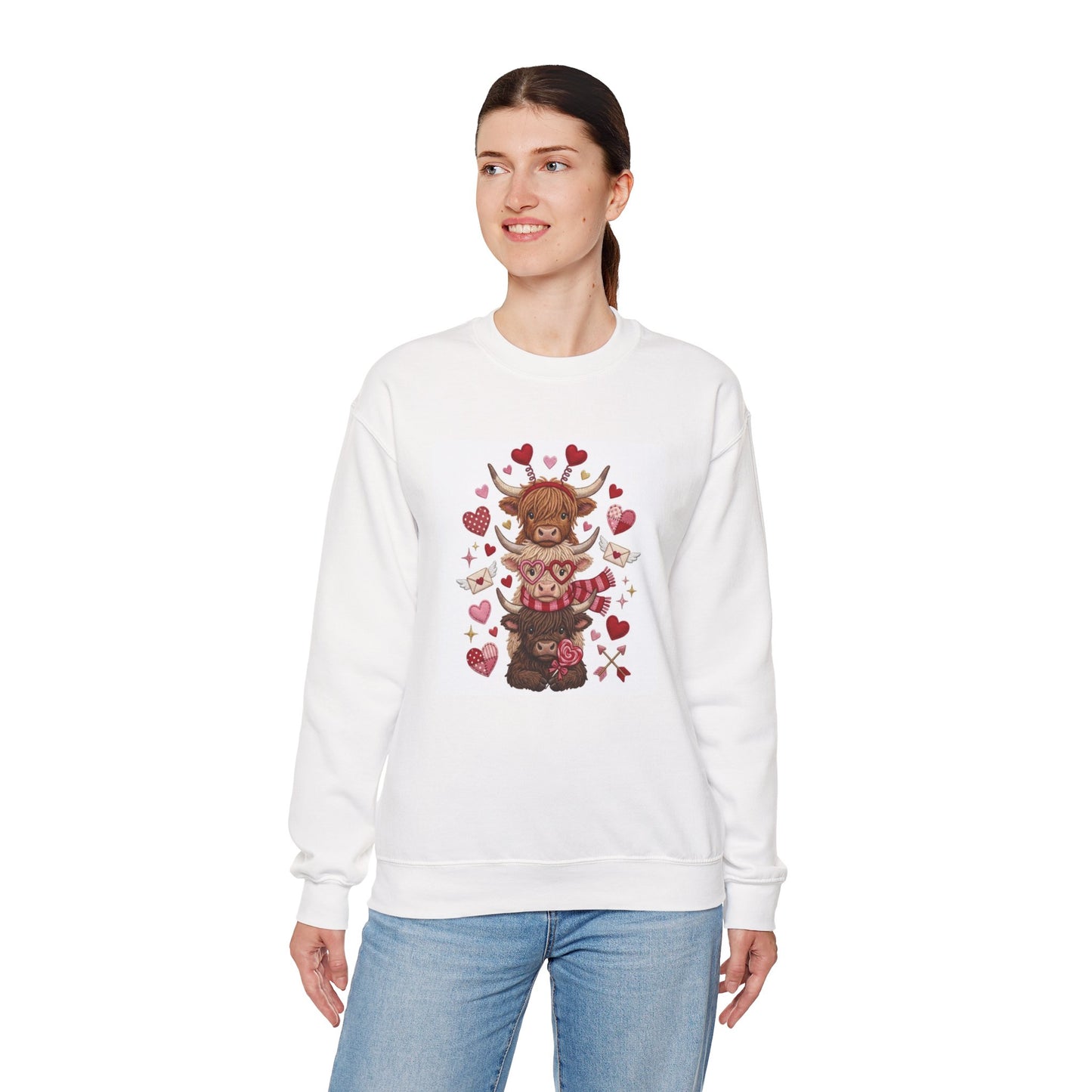 Valentine Highland Cow Crewneck Sweatshirt — Cute Hearts Scottish Highland Cattle Design