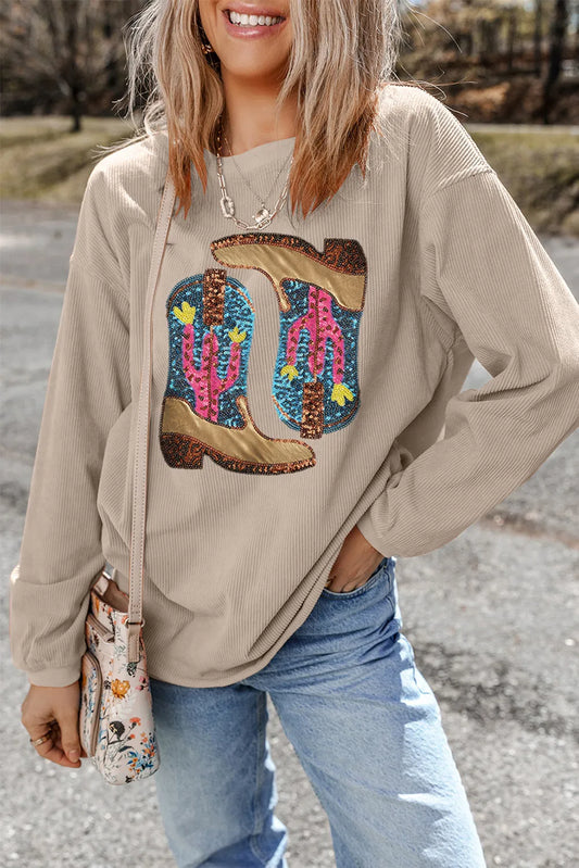 Full Size Sequin Boots Round Neck Long Sleeve Sweatshirt