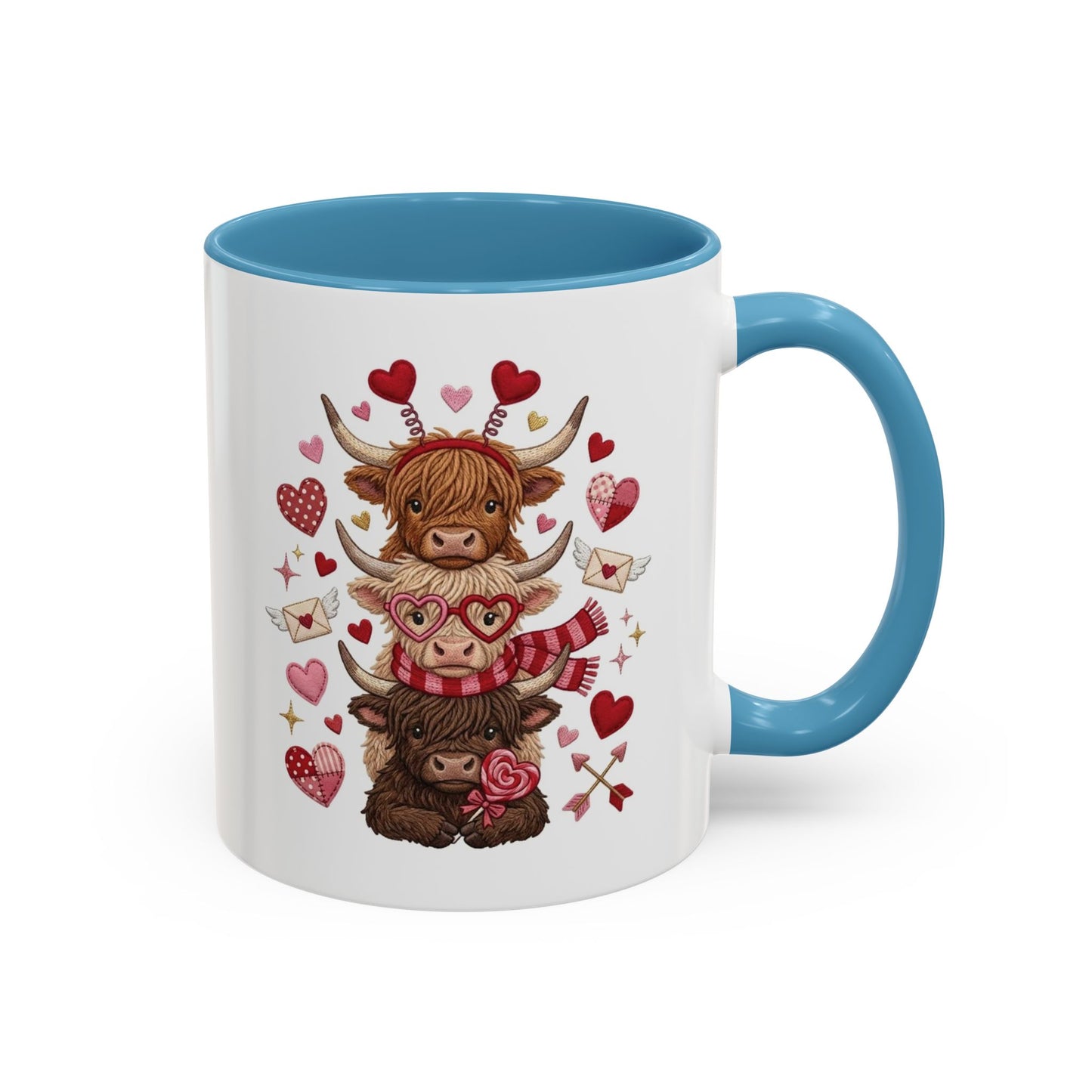 Valentine Highland Cow Stack Accent Mug – Cute Hearts & Love Letters (11/15oz)