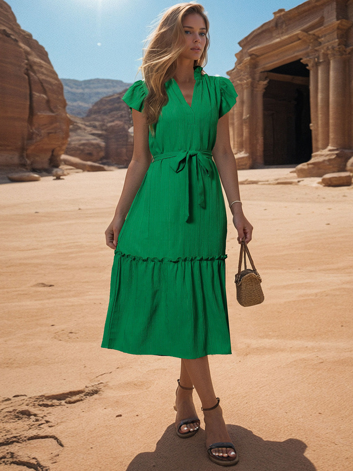 Tied Notched Cap Sleeve Dress