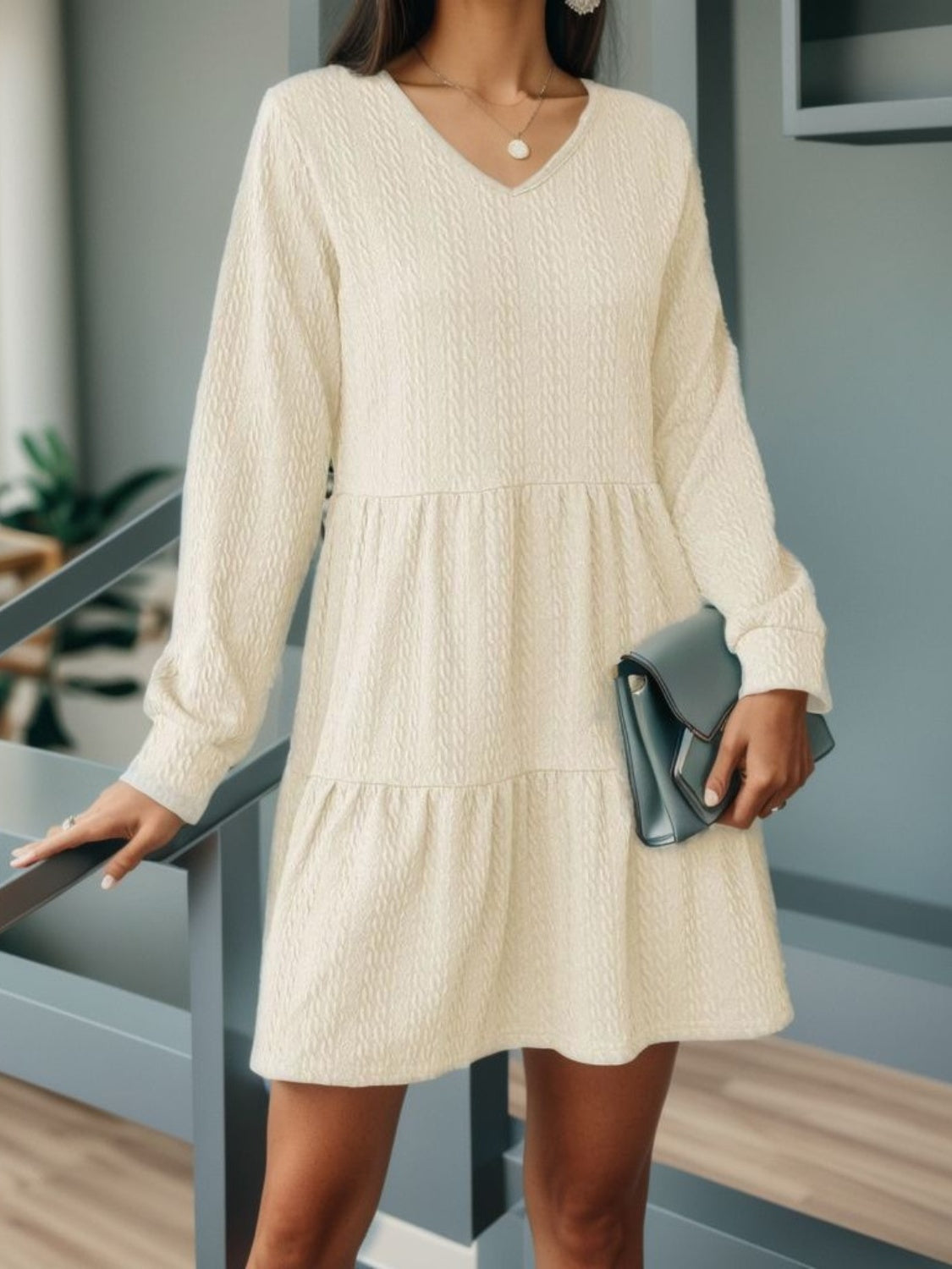 V-Neck Long Sleeve Mini Dress