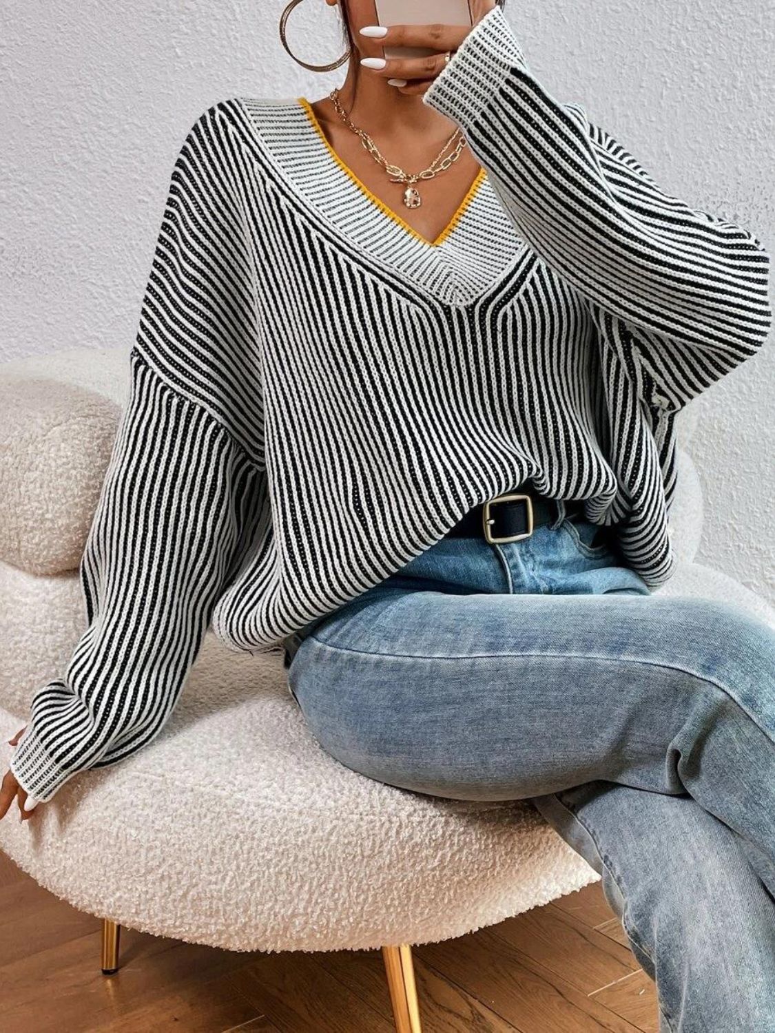 Striped V-Neck Long Sleeve Sweater