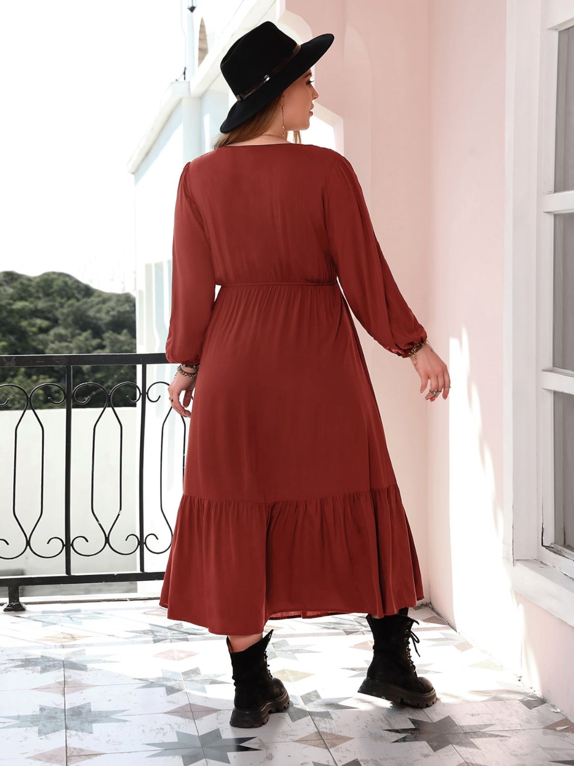 Plus Size Quarter Button V-Neck Long Sleeve Dress