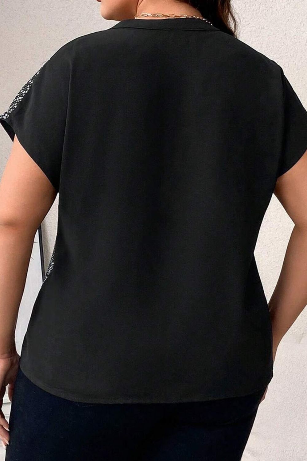 Plus Size Sequin Notched Short Sleeve T-Shirt