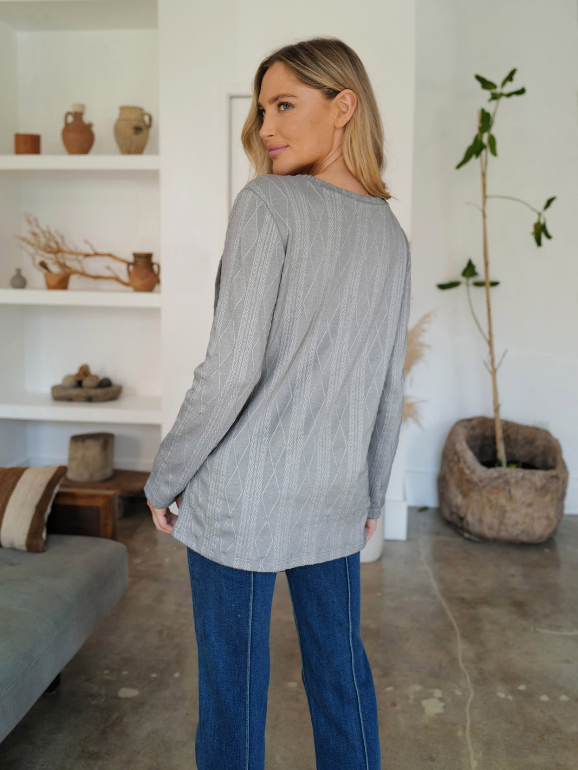 Slit Round Neck Long Sleeve T-Shirt