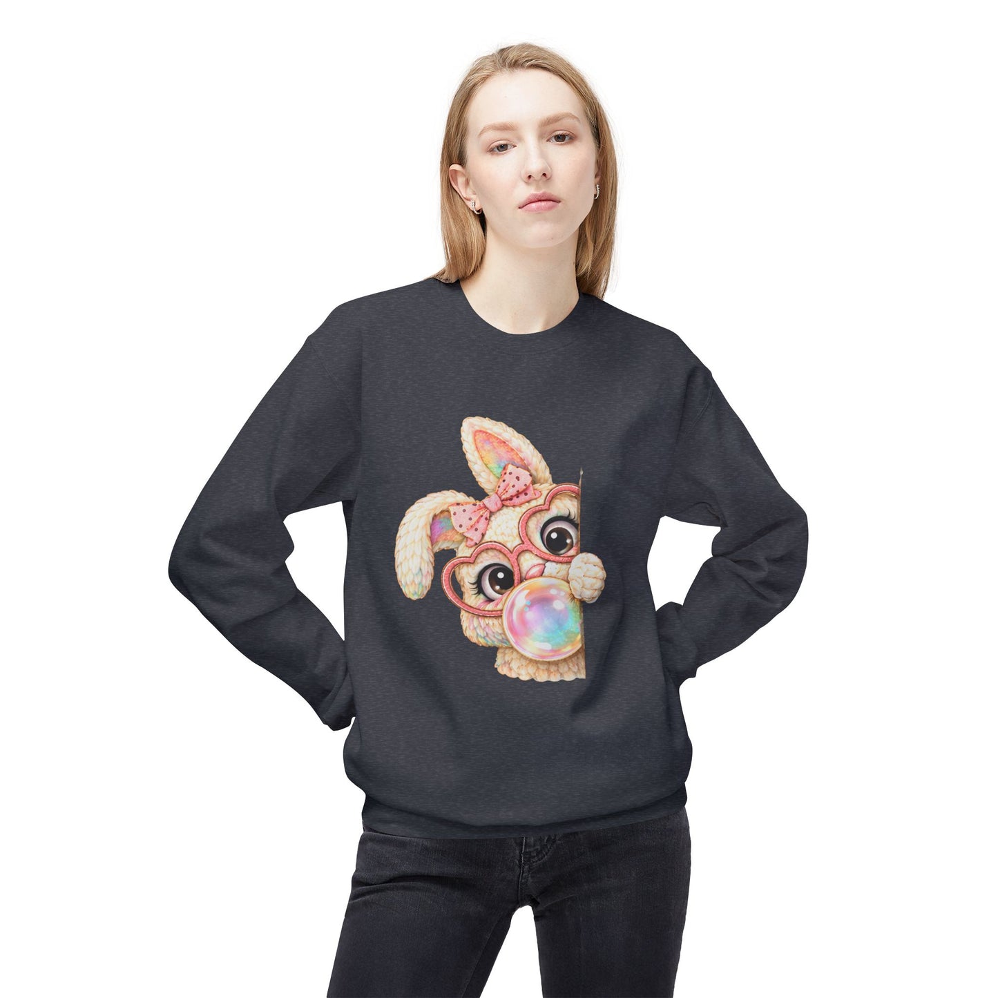 Cute Bunny Peeking Crewneck Sweatshirt – Bubblegum Blowing Cartoon Rabbit