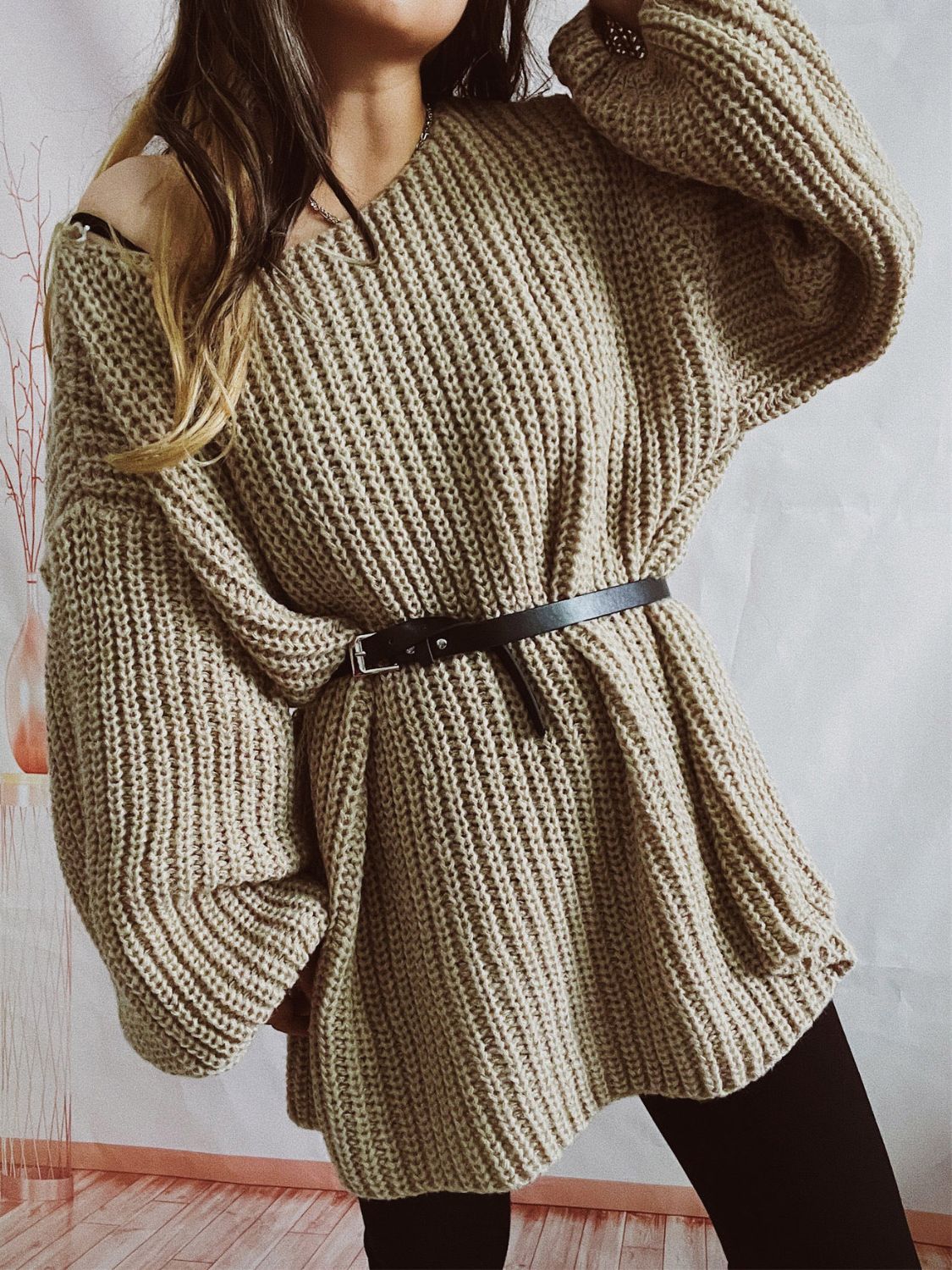 Boat Neck Long Sleeve Sweater with Belt