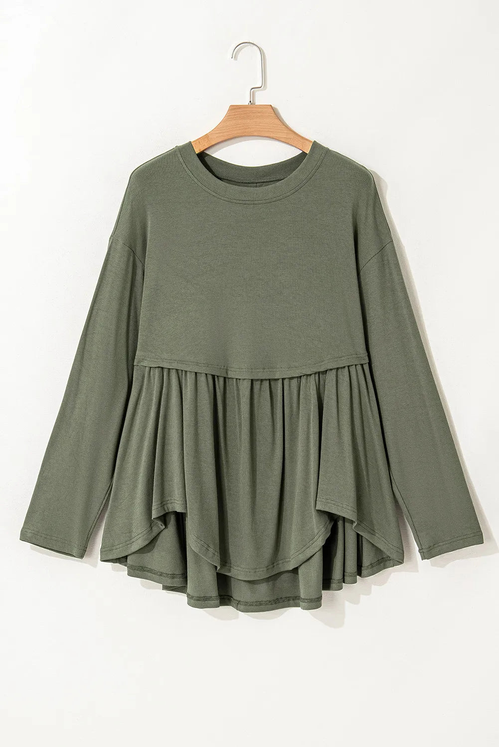 Plus Size Peplum Round Neck Long Sleeve Blouse