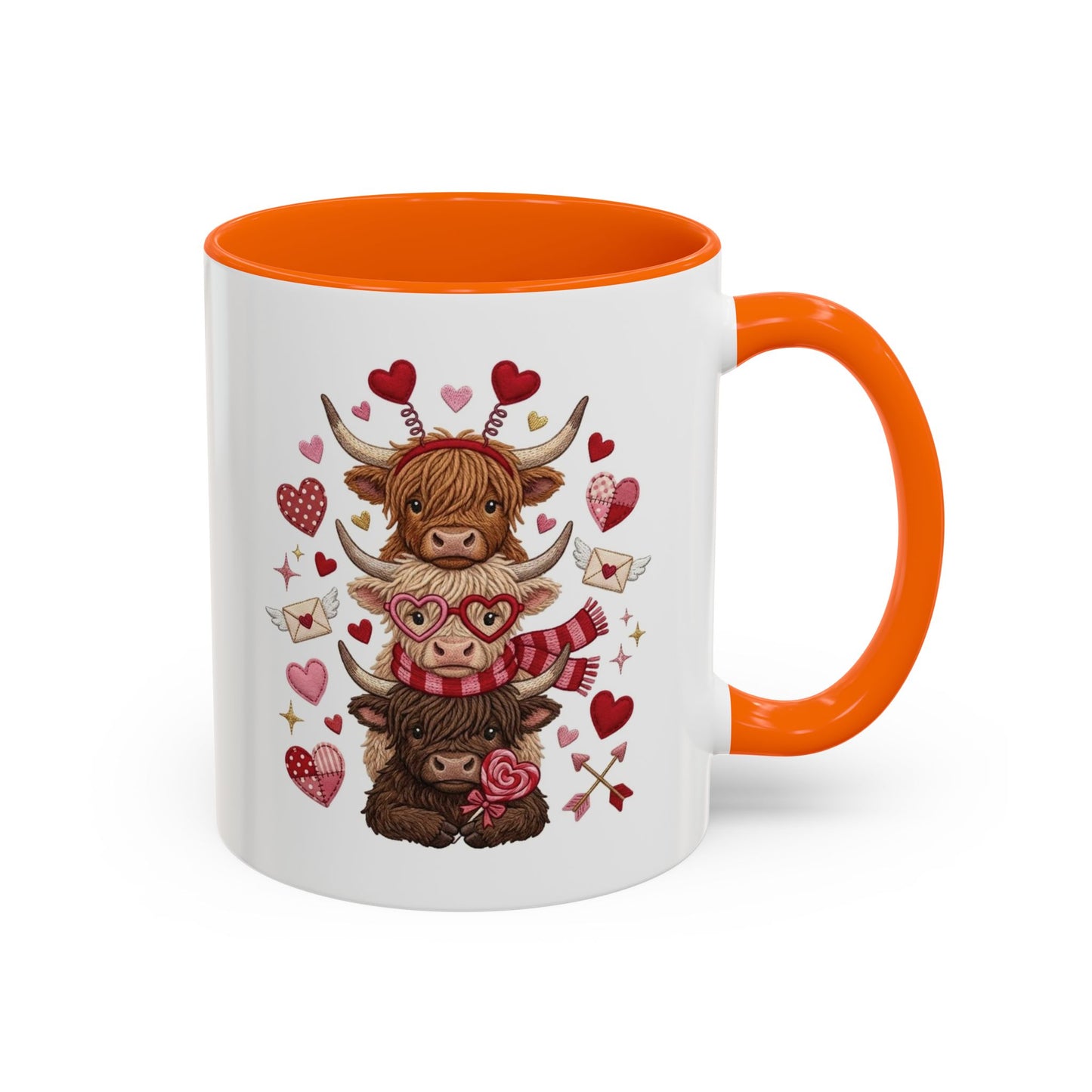 Valentine Highland Cow Stack Accent Mug – Cute Hearts & Love Letters (11/15oz)