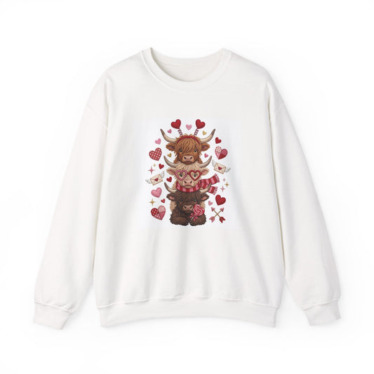 Valentine Highland Cow Crewneck Sweatshirt — Cute Hearts Scottish Highland Cattle Design
