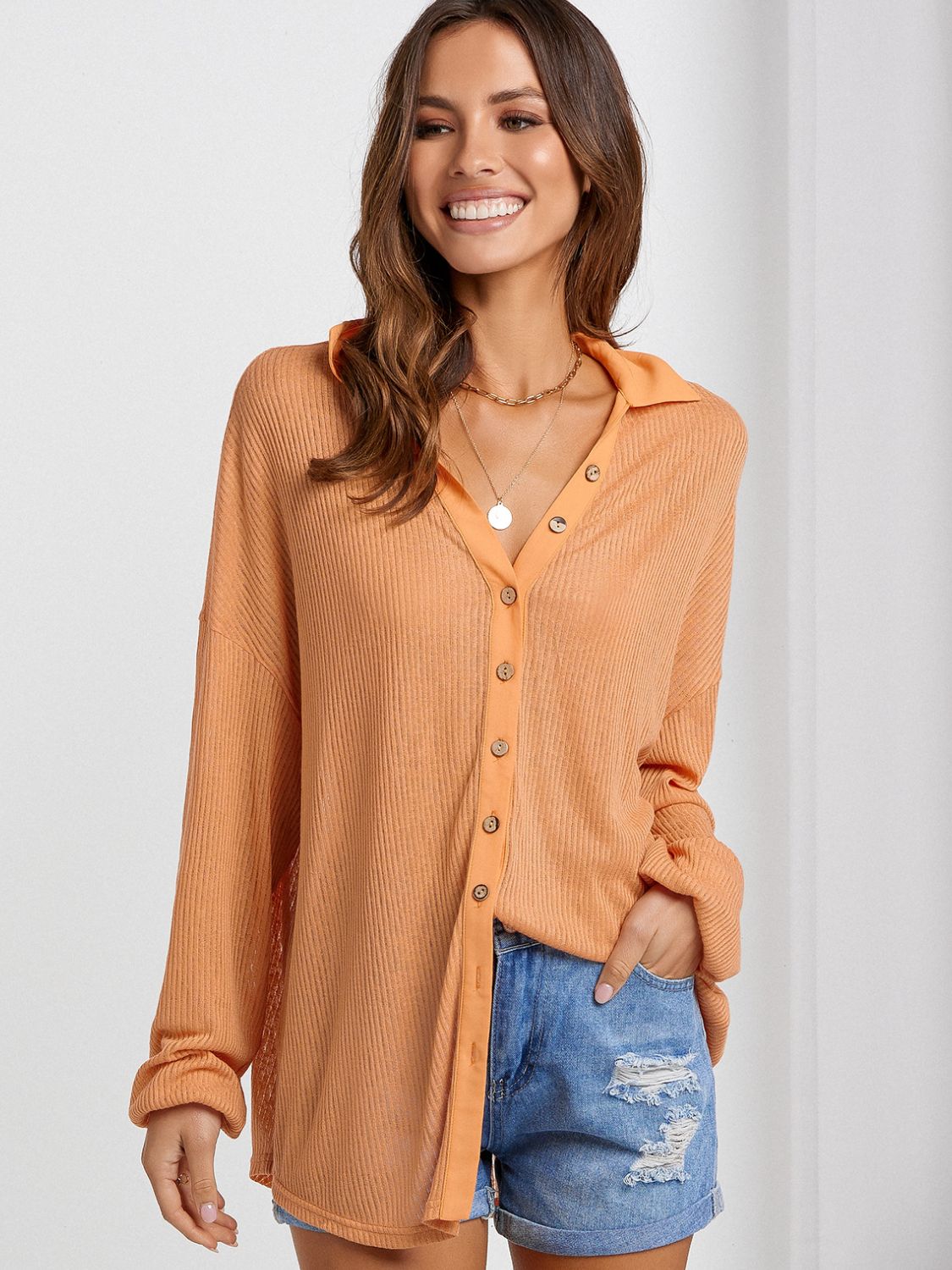 Collared Neck Button Down Long Sleeve Shirt