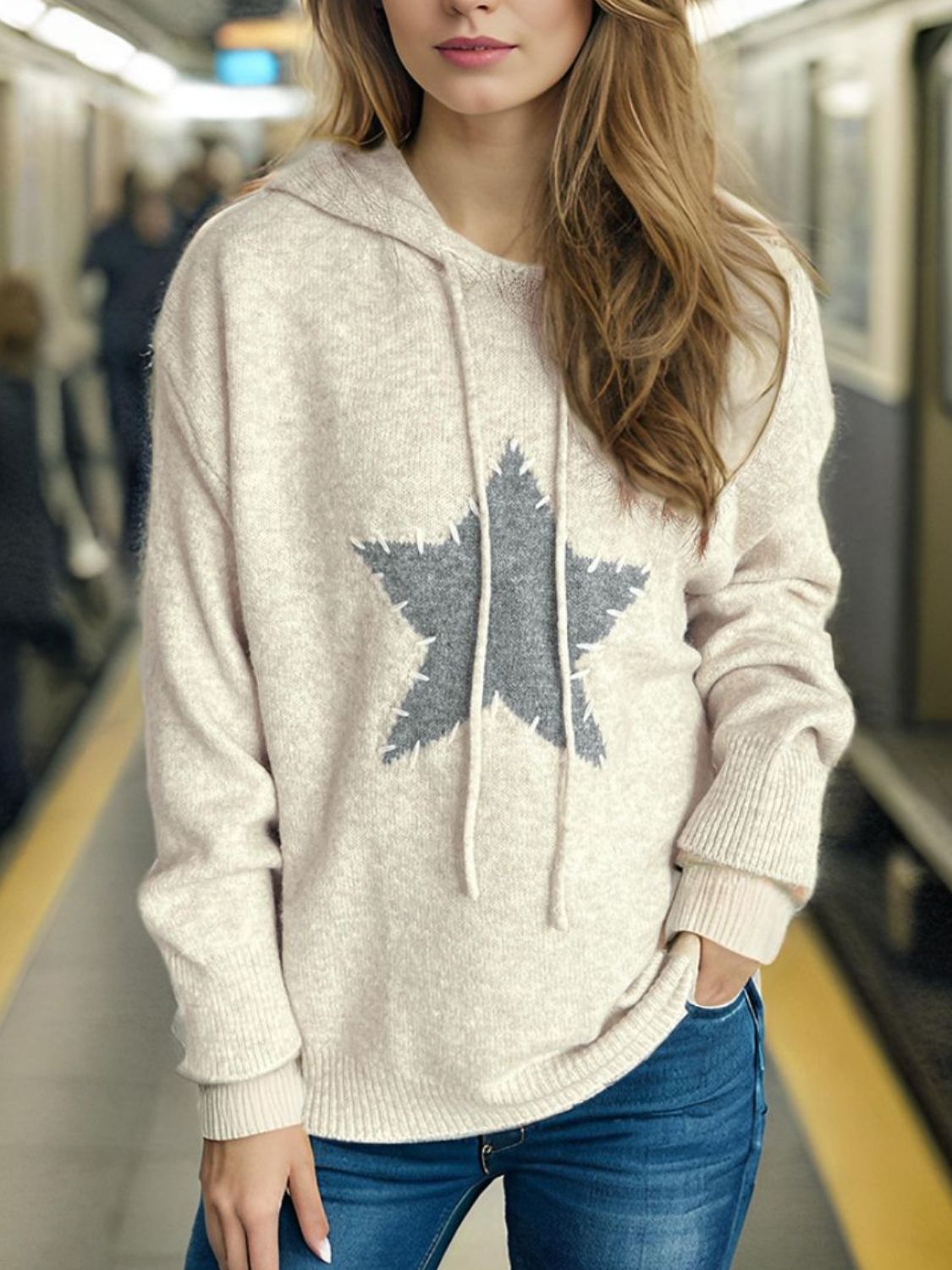 Drawstring Star Long Sleeve Hooded Sweater