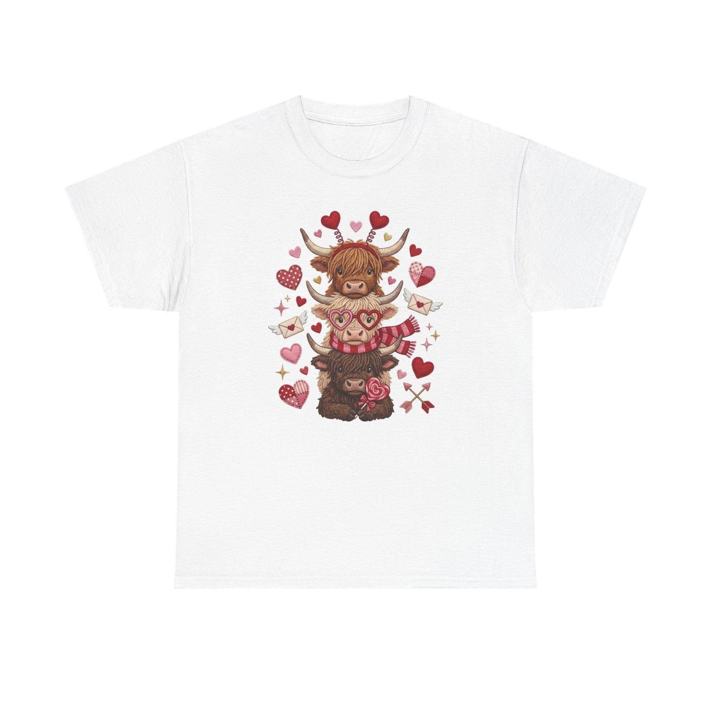 Valentine Highland Cow T-Shirt — Cute Hearts Scottish Cow Valentine Tee
