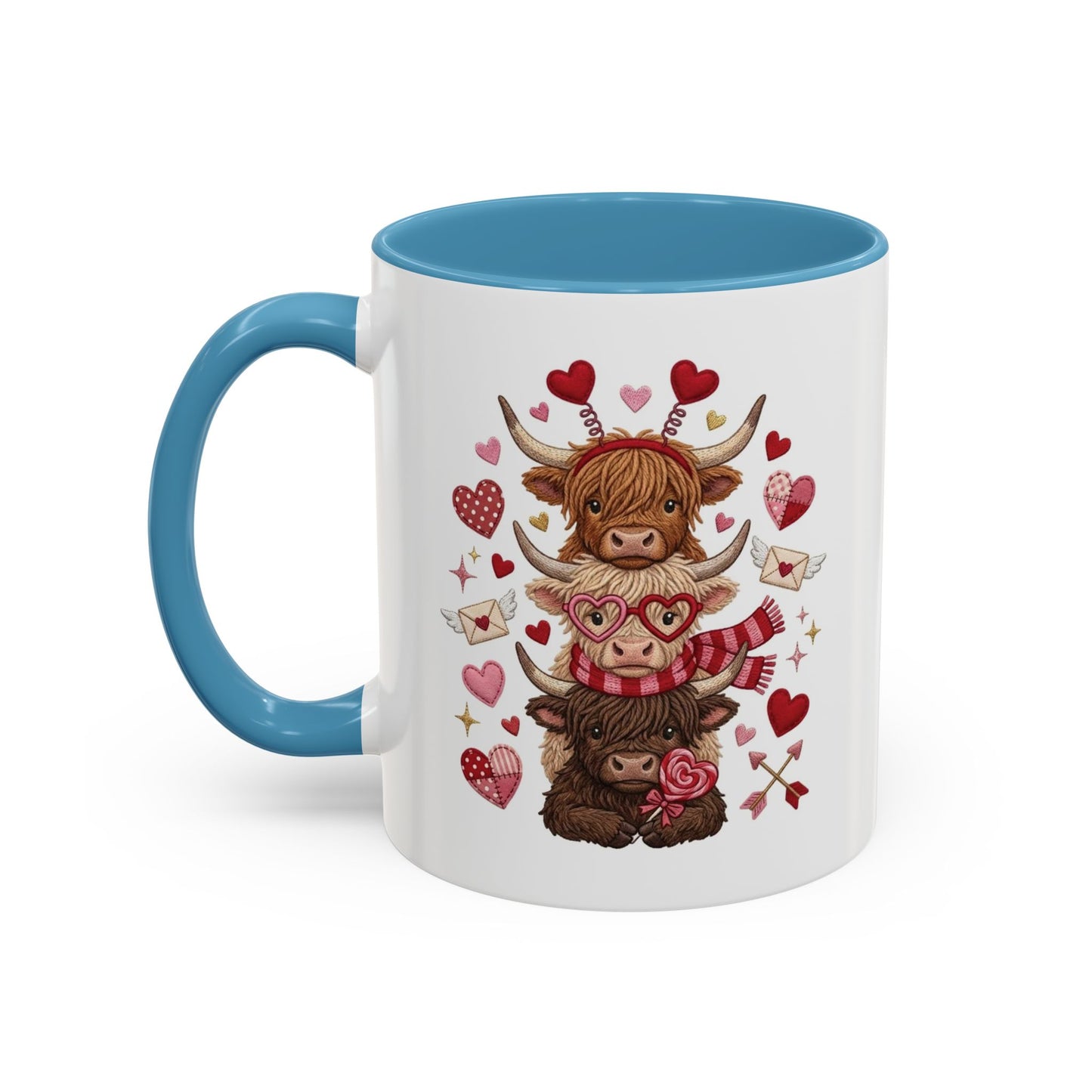 Valentine Highland Cow Stack Accent Mug – Cute Hearts & Love Letters (11/15oz)