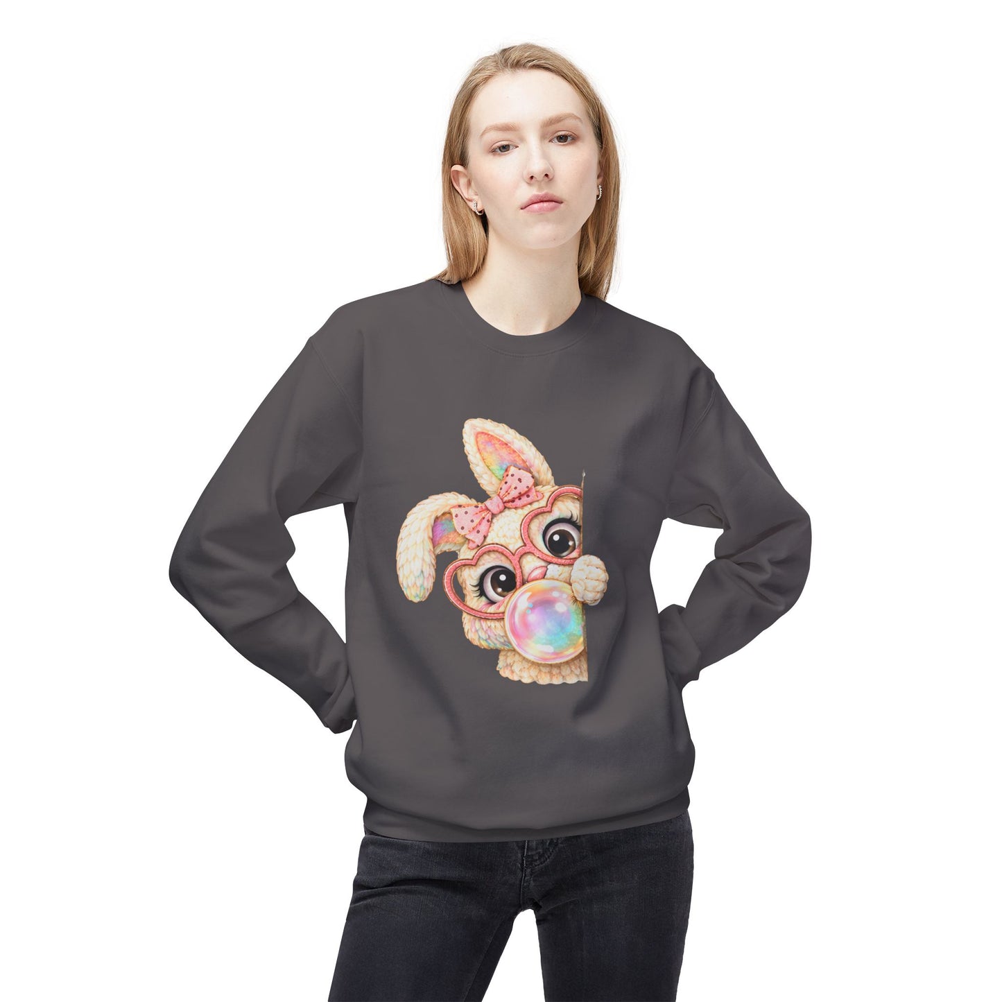 Cute Bunny Peeking Crewneck Sweatshirt – Bubblegum Blowing Cartoon Rabbit