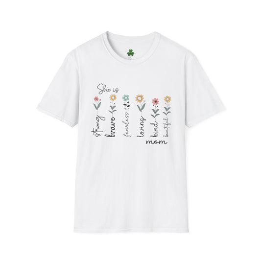 She is funny brave caring beautiful kind loving mom T-Shirt — Floral Mother’s Day Tee
