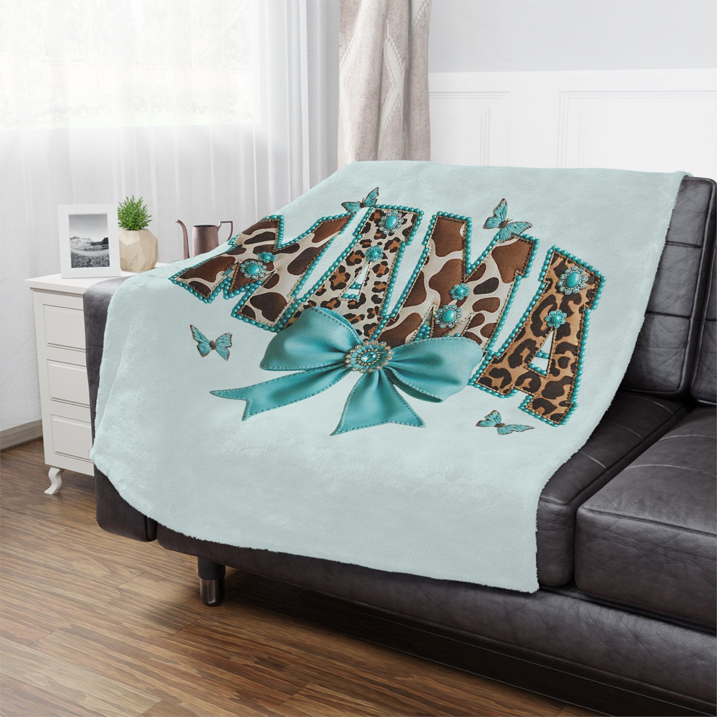 Mama Leopard Print Minky Blanket with Turquoise Bow – Soft Gift