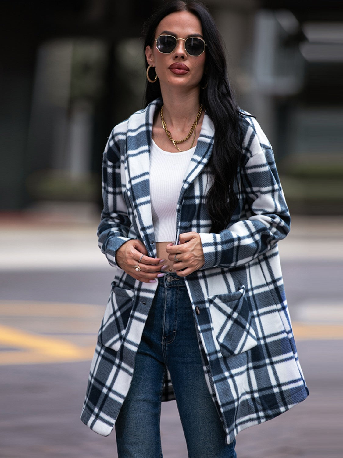 Shiny Plaid Shawl Collar Coat with Pockets