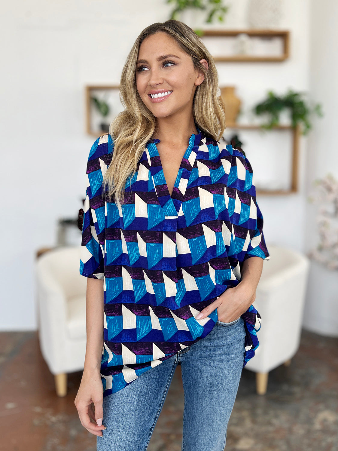 Double Take Full Size Geometric Notched Half Sleeve Blouse