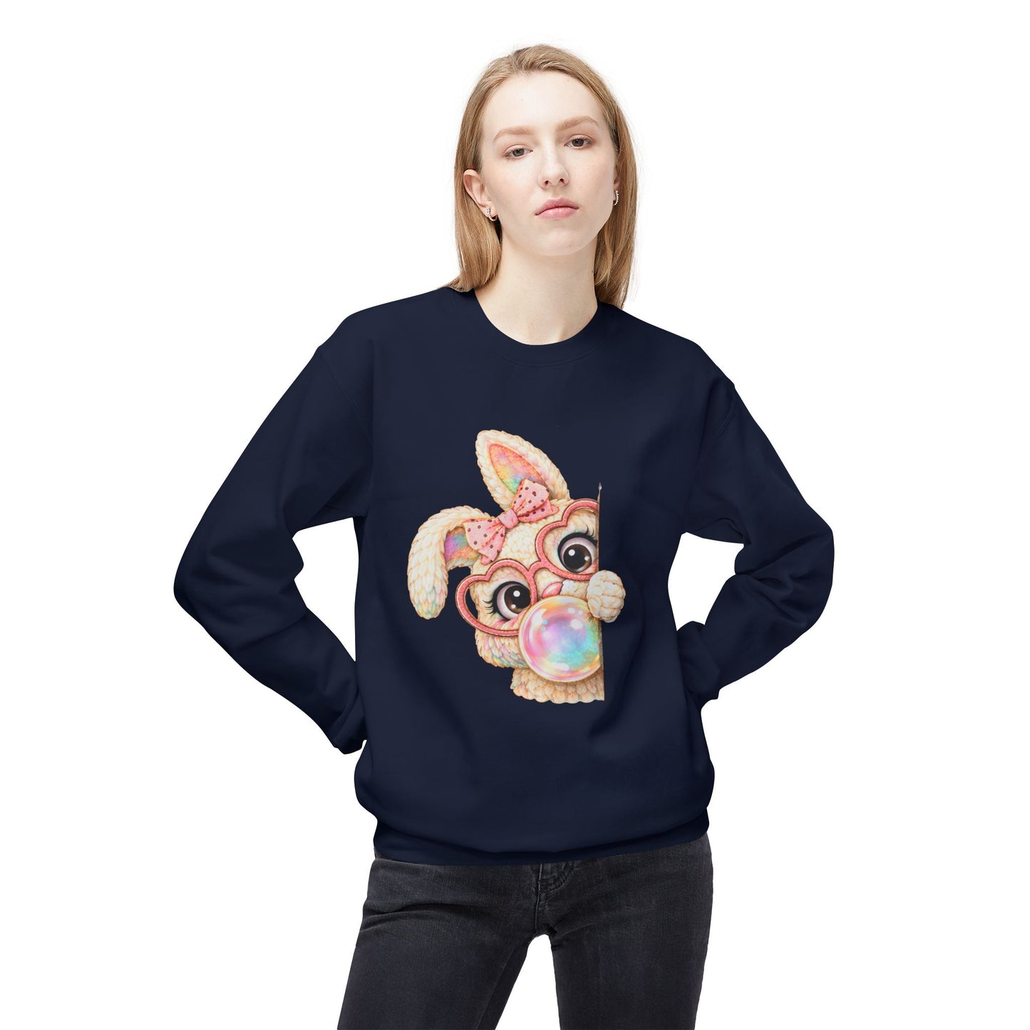 Cute Bunny Peeking Crewneck Sweatshirt – Bubblegum Blowing Cartoon Rabbit