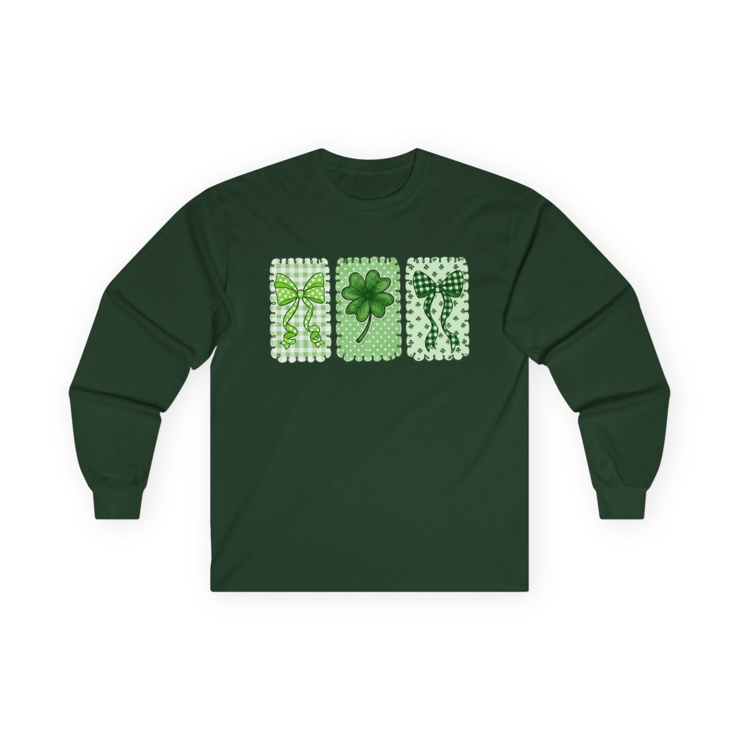 St. Patrick’s Day Shamrock Long Sleeve Tee — Lucky Clover Trio Design
