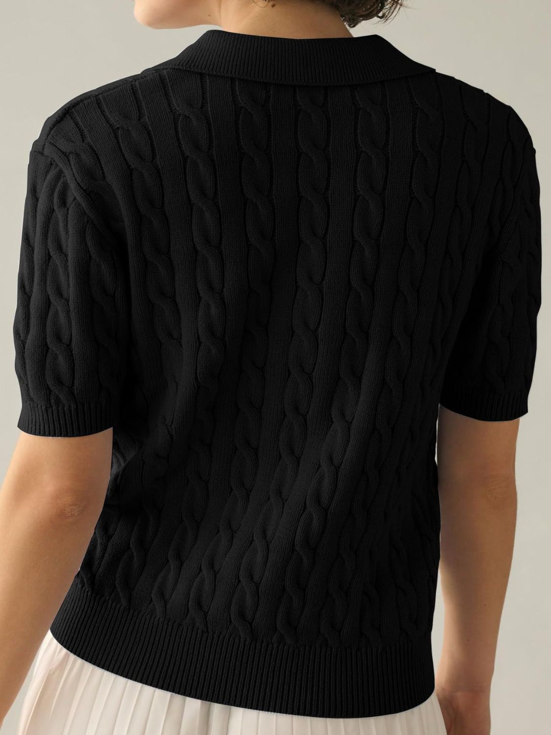 Cable-Knit Collared Neck Half Sleeve Sweater