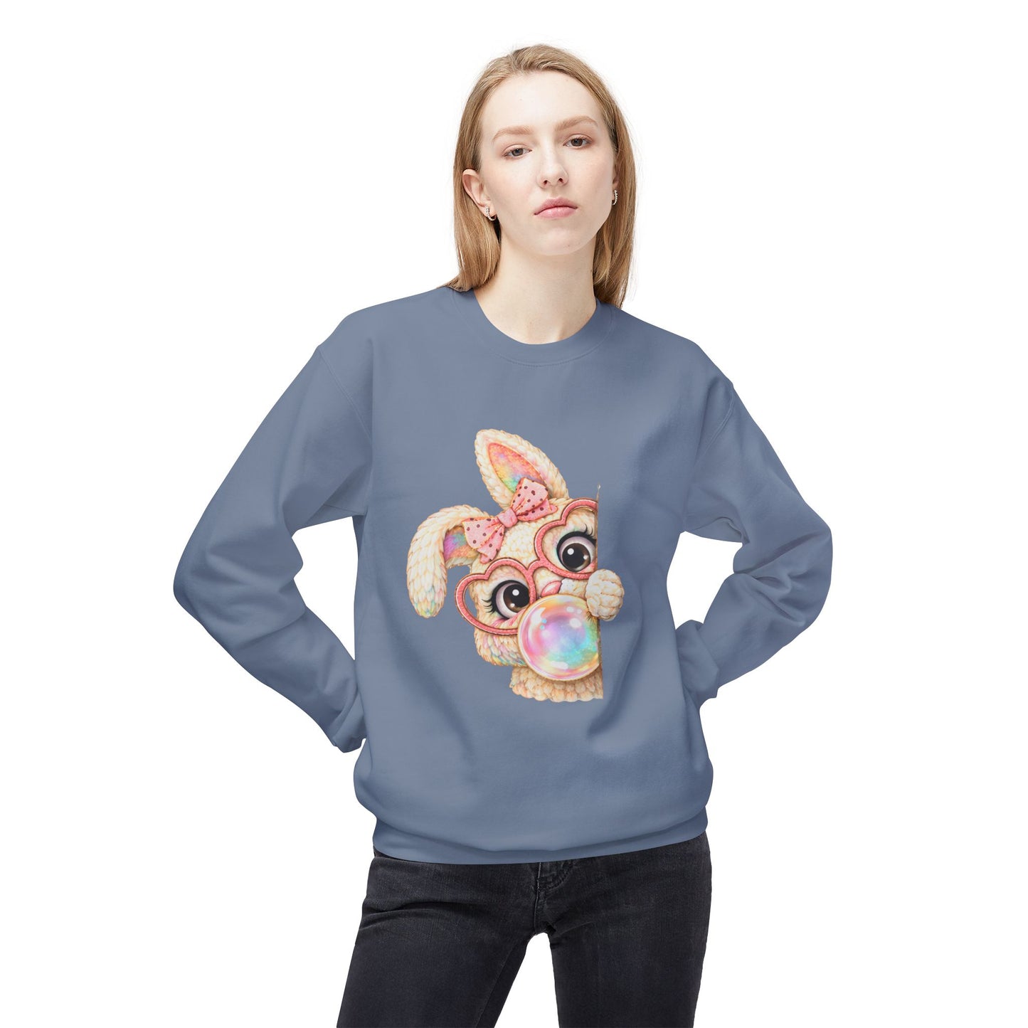 Cute Bunny Peeking Crewneck Sweatshirt – Bubblegum Blowing Cartoon Rabbit