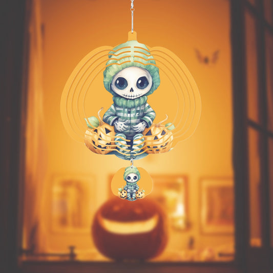 Cute Skeleton With Pumpkins on.Pumpkin Shaped Wind Spinner