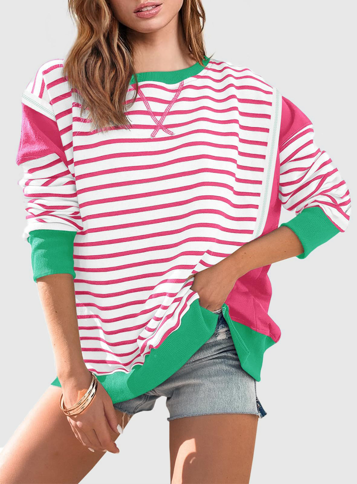 Slit Exposed Seam Striped Long Sleeve Sweatshirt